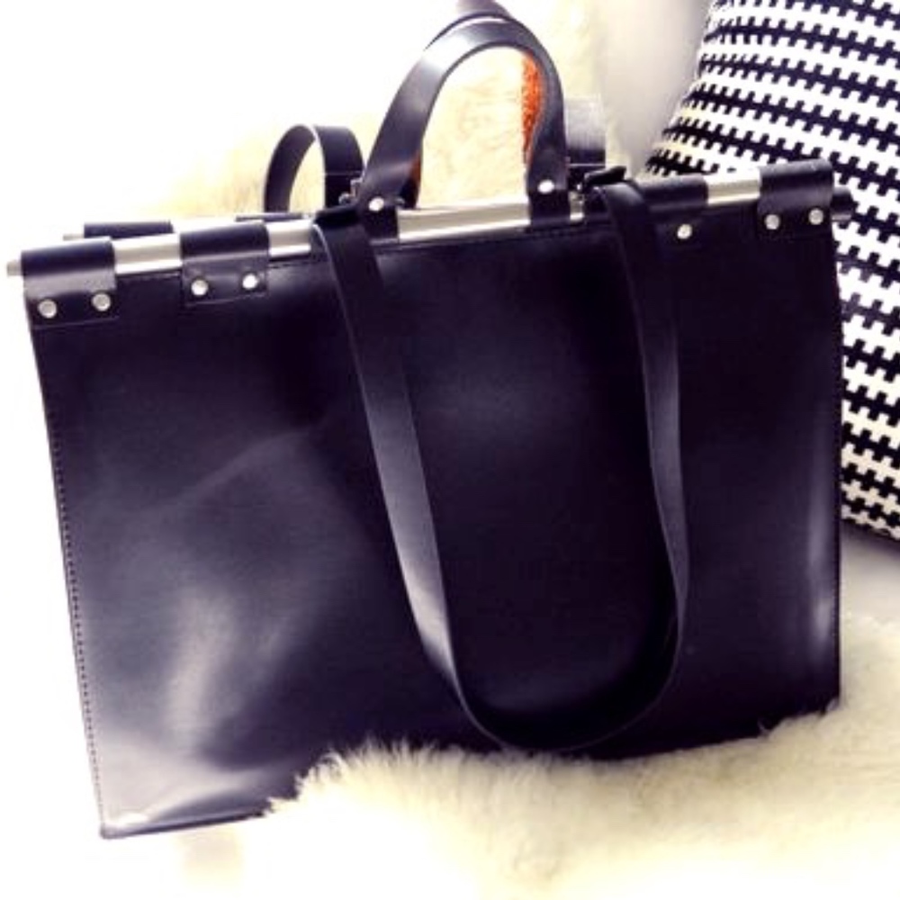 Rare Zara Black Leather Metal Bar Doctor Bag